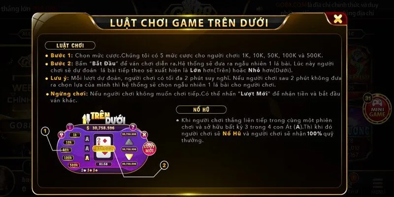 Mini game Trên Dưới Go88 được đánh giá có luật chơi đơn giản, dễ hiểu